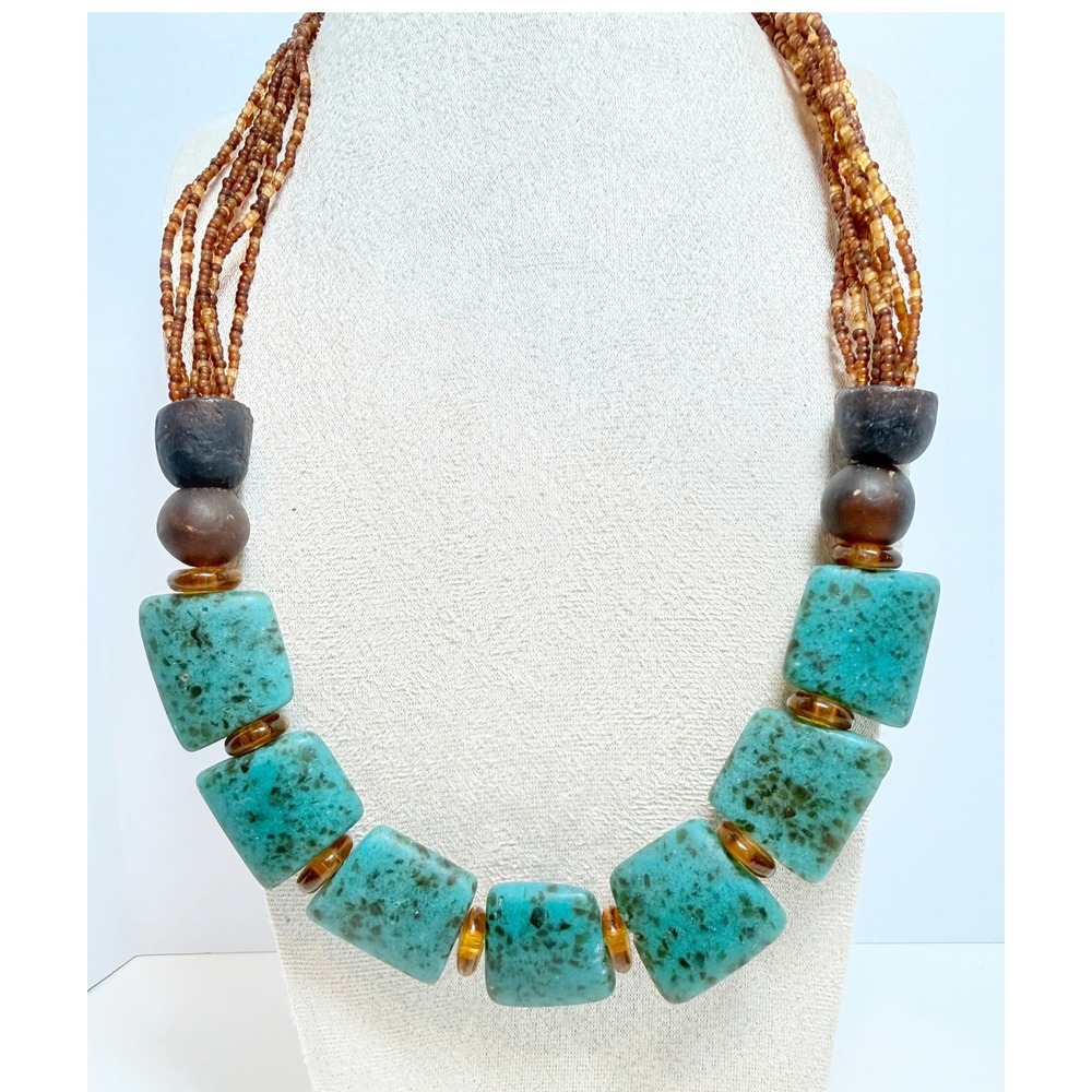 Turquoise Speckled Glass Statement Necklace Wood Beads Boho 24 Inch